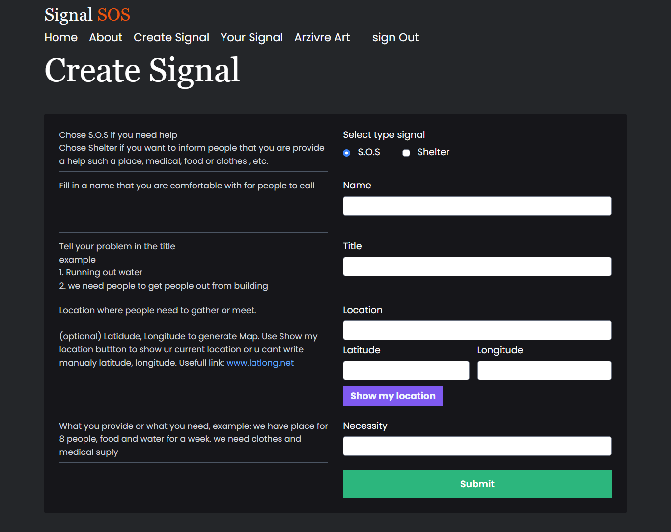 signal-sos.com form create signal page